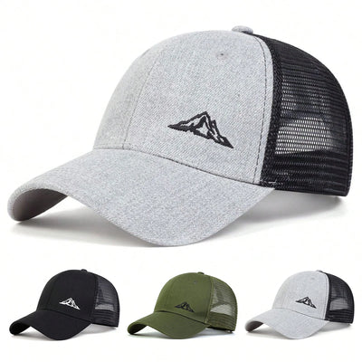 Unisex mountain embroidery baseball cap in gray, black, green; adjustable outdoor sun hat for versatile style.