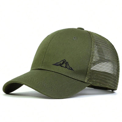 Unisex mountain embroidery baseball cap in olive green, adjustable sun hat for outdoor activities, made from polyester.