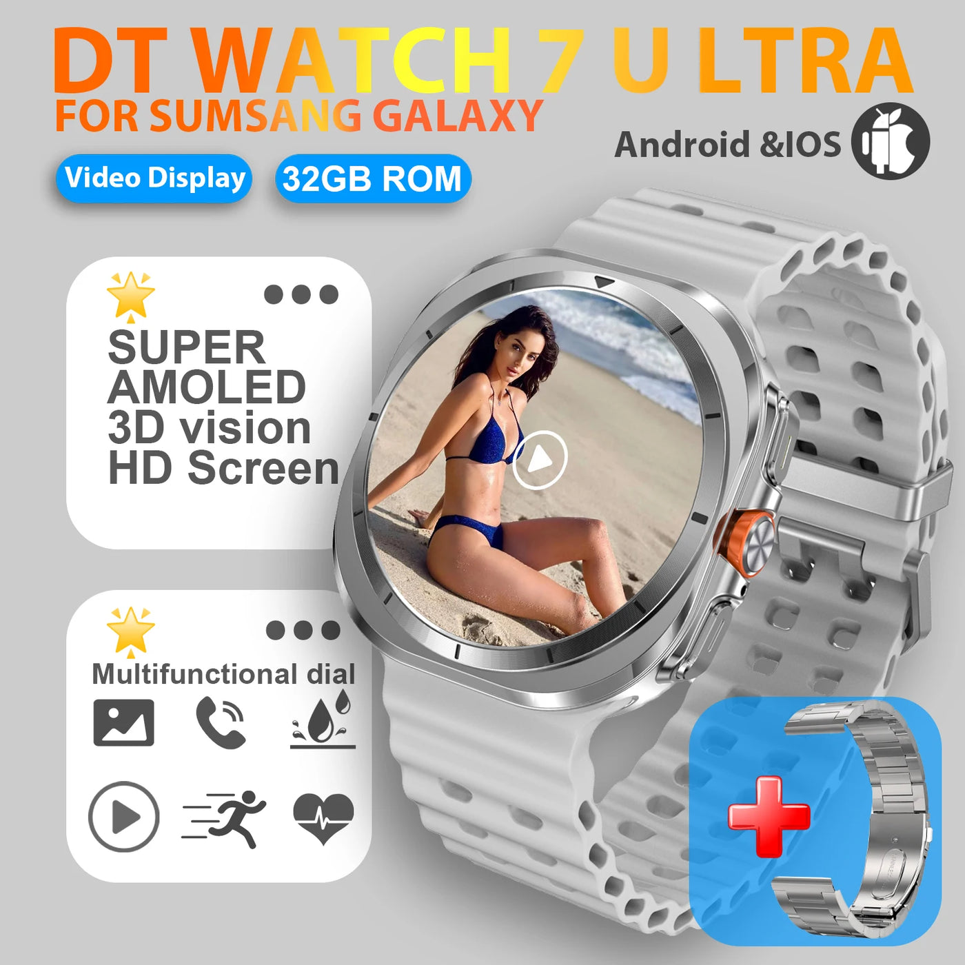 DT Watch 7 Ultra smartwatch for Samsung Galaxy, featuring 3D HD display and multifunctional dial, ideal for Android and iOS.