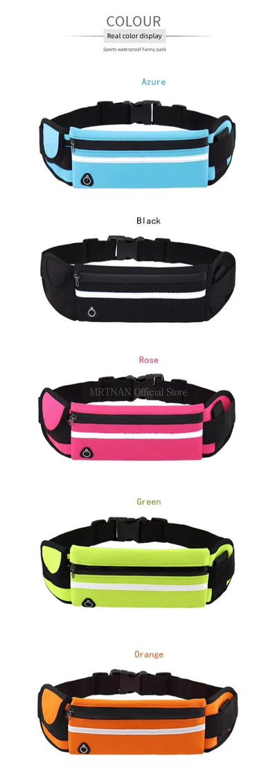 Variety of waterproof unisex sports belts in azure, black, rose, green, and orange for running and phone storage.