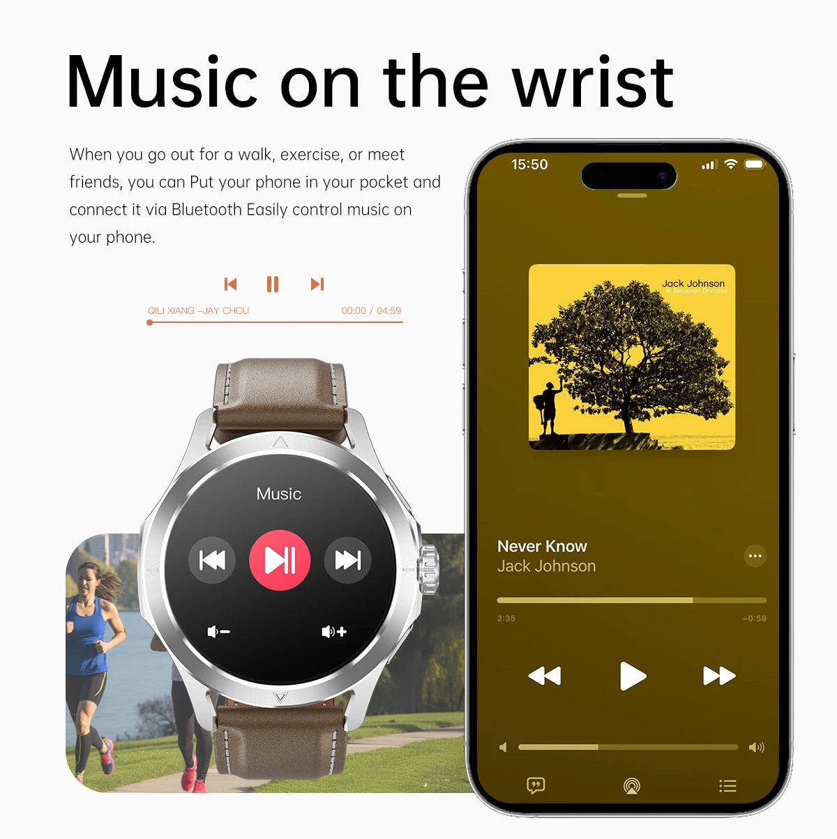 Xiaomi smartwatch displaying music controls with Bluetooth connection, alongside a smartphone showing song information.