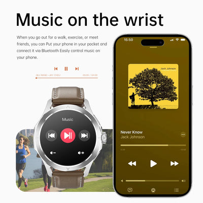 Xiaomi smartwatch displaying music controls with Bluetooth connection, alongside a smartphone showing song information.