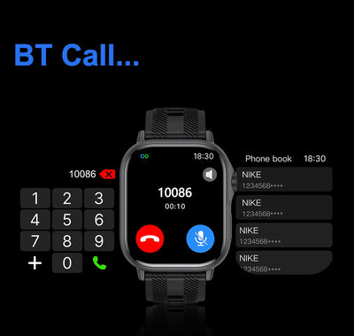 Smart watch displaying Bluetooth call interface with phone book and dial pad.