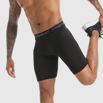 Men's compression shorts for athletic performance, black, worn during workouts and sports activities.