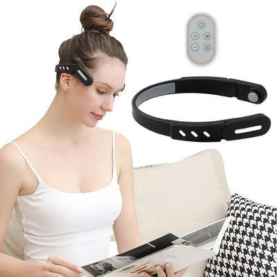 Wireless sleeping head massager device with remote, designed for soothing EMS therapy and Bluetooth music functionality.