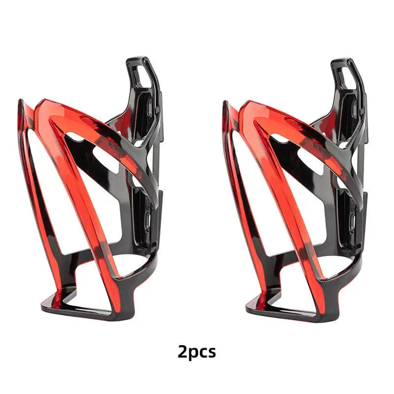 Colorful bicycle bottle cage set, lightweight water bottle holders in red and black, perfect for cyclists.
