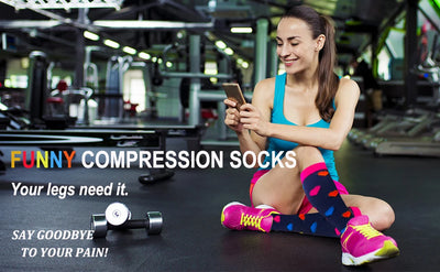 Woman in gym wearing colorful compression socks, promoting comfort and pain relief in a lively fitness setting.