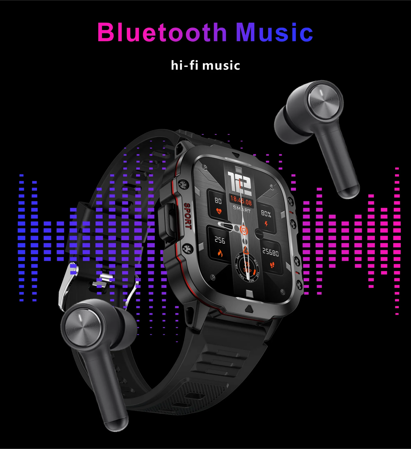 Rugged military smart watch with Bluetooth capabilities and wireless earbuds on a vibrant music-themed background.