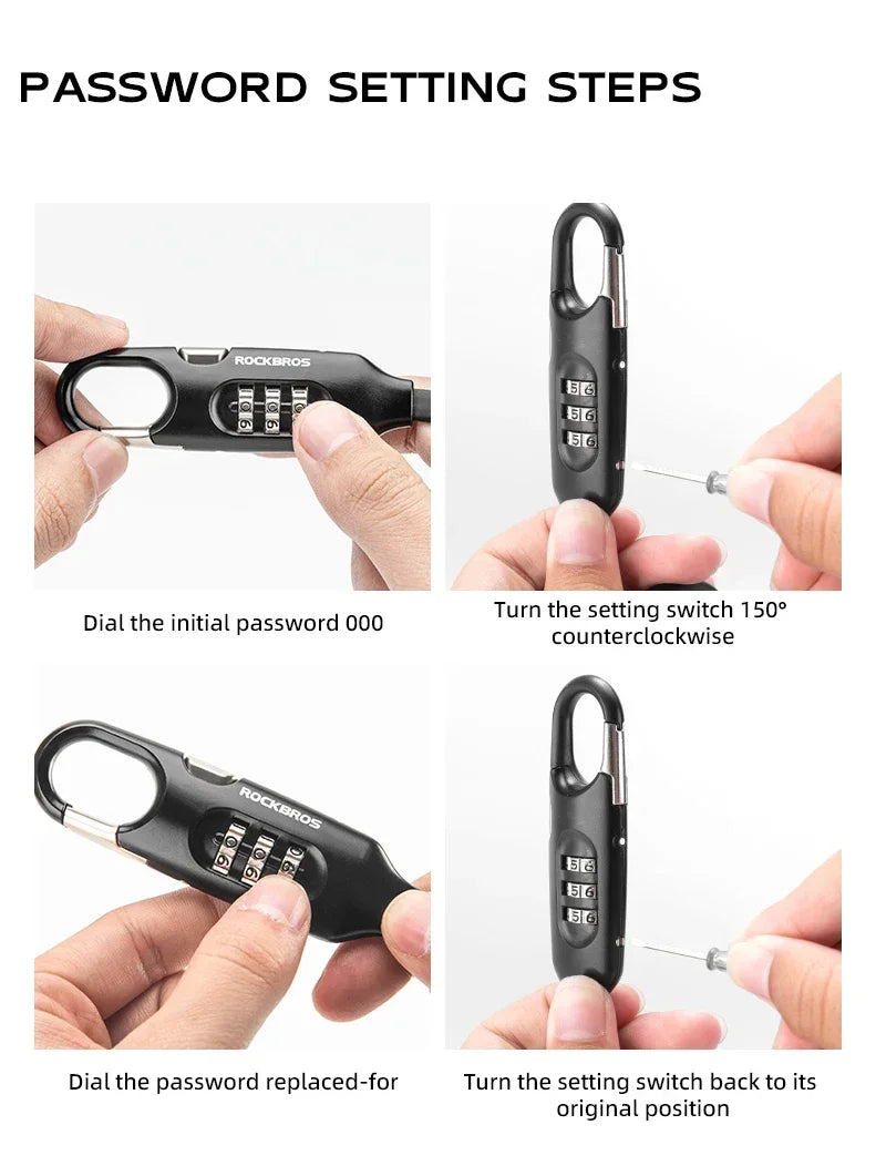 Step-by-step guide on setting the password for ROCKBROS high-security bike lock with visuals.