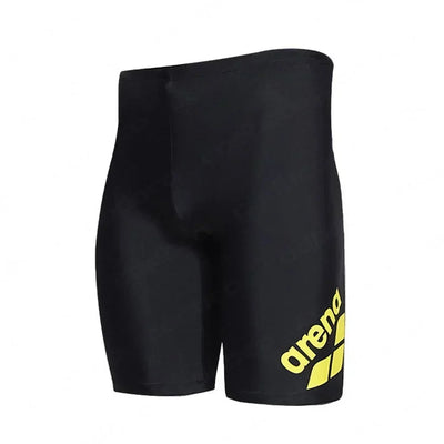 Black men’s swim jammer trunks with yellow logo, quick-dry material, perfect for swimming and beach activities.