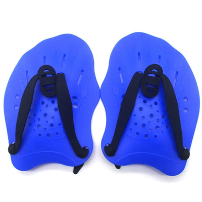 Adjustable blue swimming paddles training gloves for all ages, ideal for enhancing swimming technique and performance.