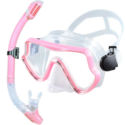 Scuba diving mask and snorkel set for adults with pink accents for professional snorkeling and swimming training.