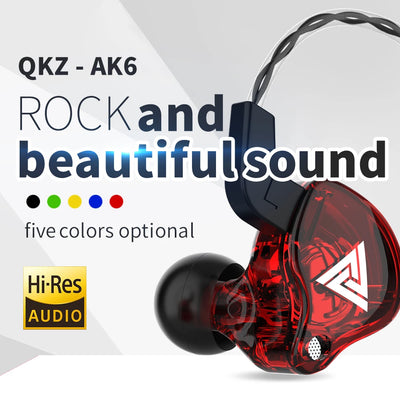 QKZ AK6 earphones showcasing vibrant design and Hi-Res audio, available in five colors.