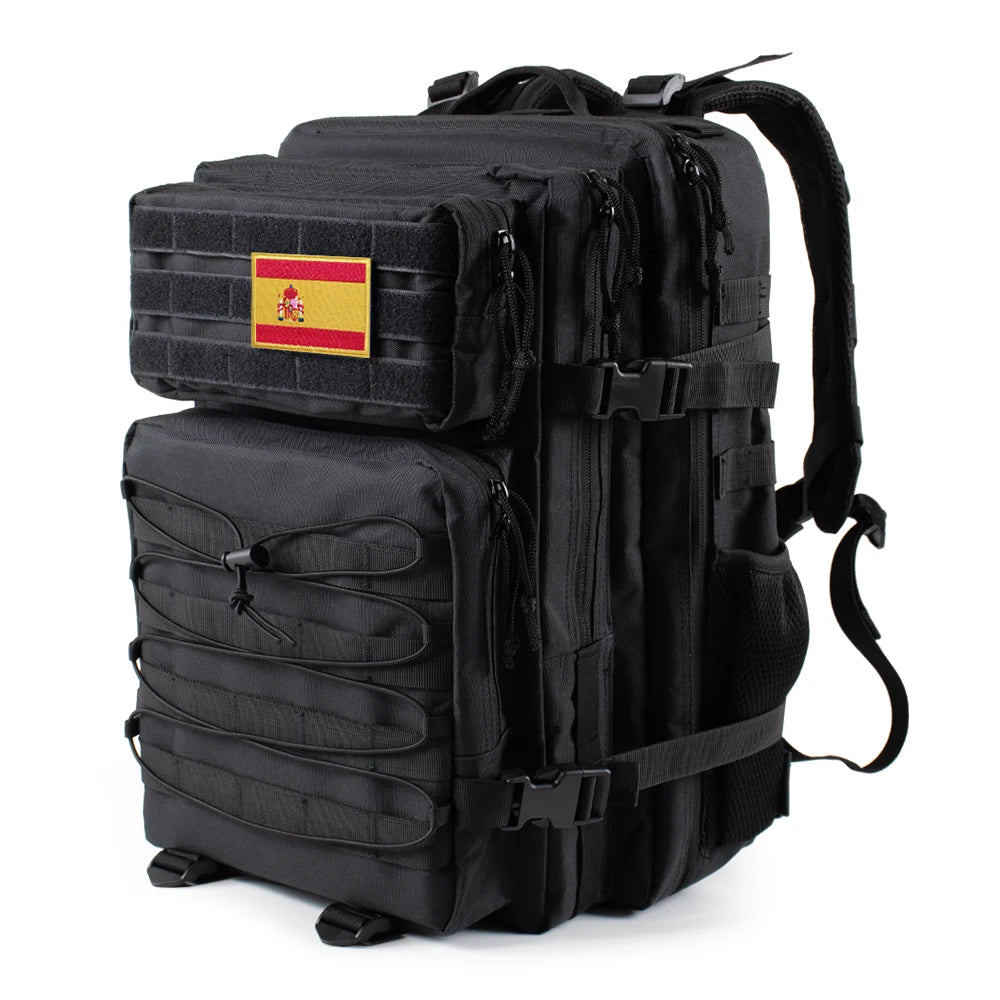 Tactical 45L backpack with Spanish flag, waterproof outdoor rucksack for hiking and camping.