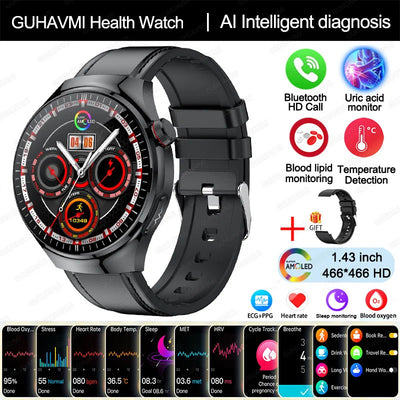 Health smartwatch featuring AI diagnosis, Bluetooth calling, temperature monitoring, and fitness tracking.