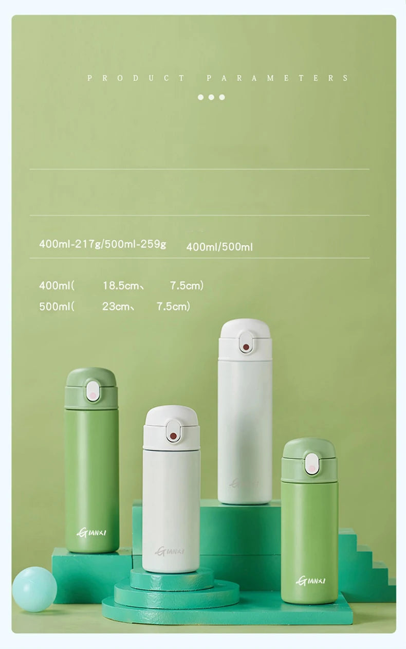 GIANXI stainless steel insulated water bottles in various sizes and colors on green geometric background.