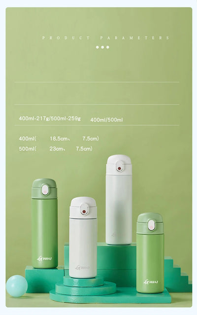 GIANXI stainless steel insulated water bottles in various sizes and colors on green geometric background.