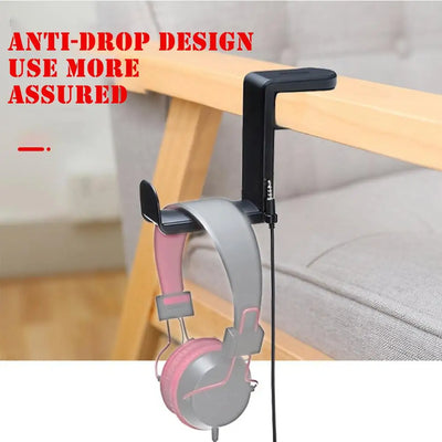 PC gaming headphone stand with anti-drop design, securely holding headphones on a chair arm, showcasing adjustable clamp feature.