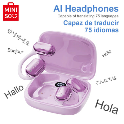 MINISO MS162 Bluetooth translation earbuds in a charging case, translating 75 languages, featuring wireless connectivity.