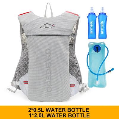 Ultralight hydration running vest with breathable design, two 0.5L and one 2.0L water bottles for runners.