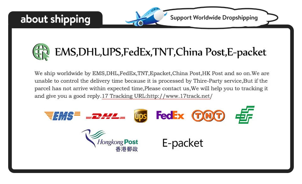 Shipping information for worldwide delivery via EMS, DHL, UPS, FedEx, TNT, China Post, and E-packet.