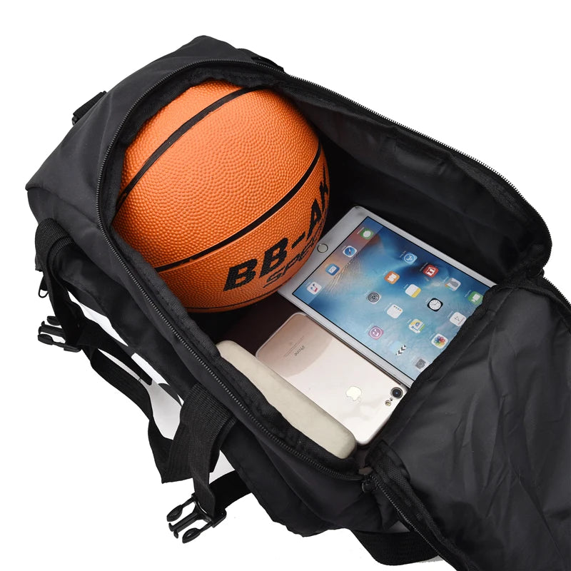 Waterproof gym bag with basketball and tablet inside, ideal for outdoor fitness and sports activities.