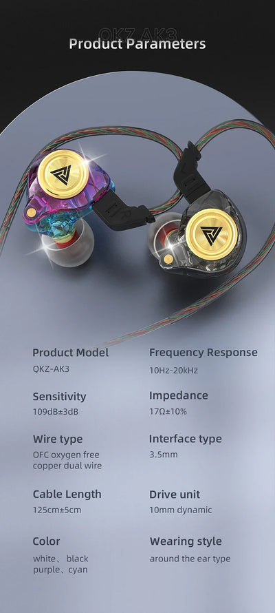 QKZ AK3 in-ear wired earphones specifications, featuring dynamic drivers, noise cancellation, and vibrant design.