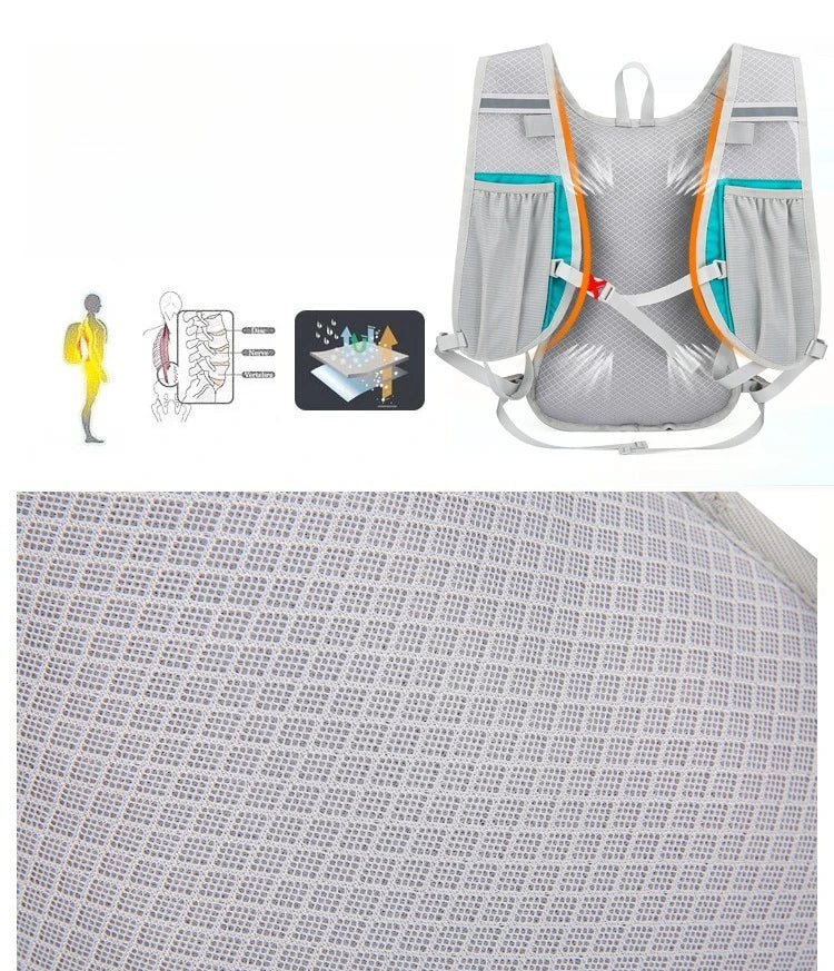 Ultralight waterproof hydration backpack for outdoor running and cycling with breathable design and multiple pockets.