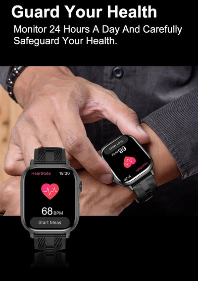 Smart watch displaying heart rate and health monitoring features for men and women, suitable for daily use.