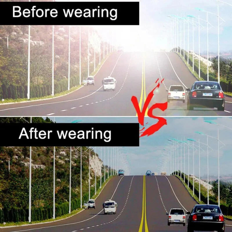 Comparison image showing visibility improvement before and after wearing wireless sunglasses headset.