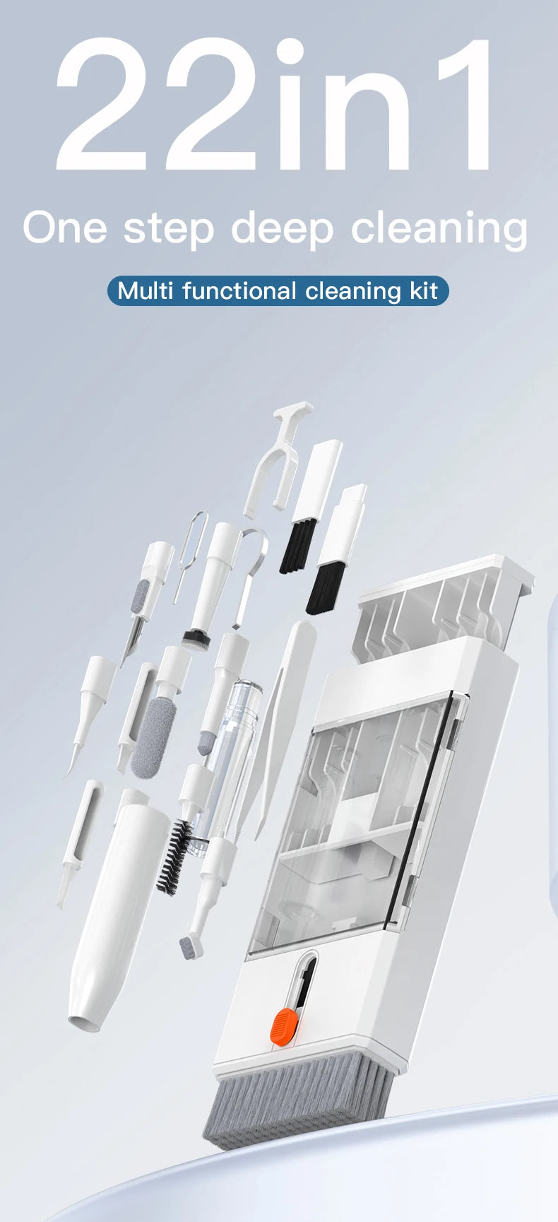 22-in-1 multi-functional cleaning kit showcasing various tools for deep cleaning electronic devices like iPhone and iPad.