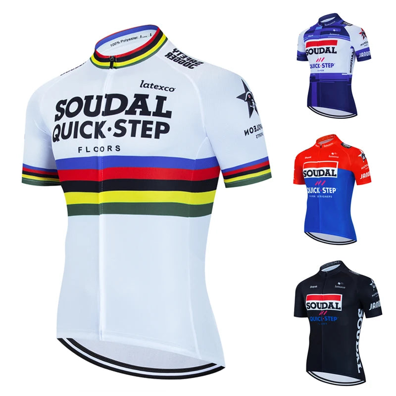 SOUDAL Team Men's Cycling Jersey in various colors, featuring quick-dry fabric and zipper closure for summer bike wear.
