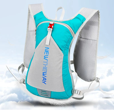 Ultralight waterproof hydration backpack in teal and gray, perfect for outdoor running and cycling.
