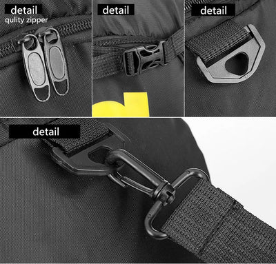 Close-up details of a waterproof gym bag showing quality zipper, buckle, and strap attachment for durability and performance.