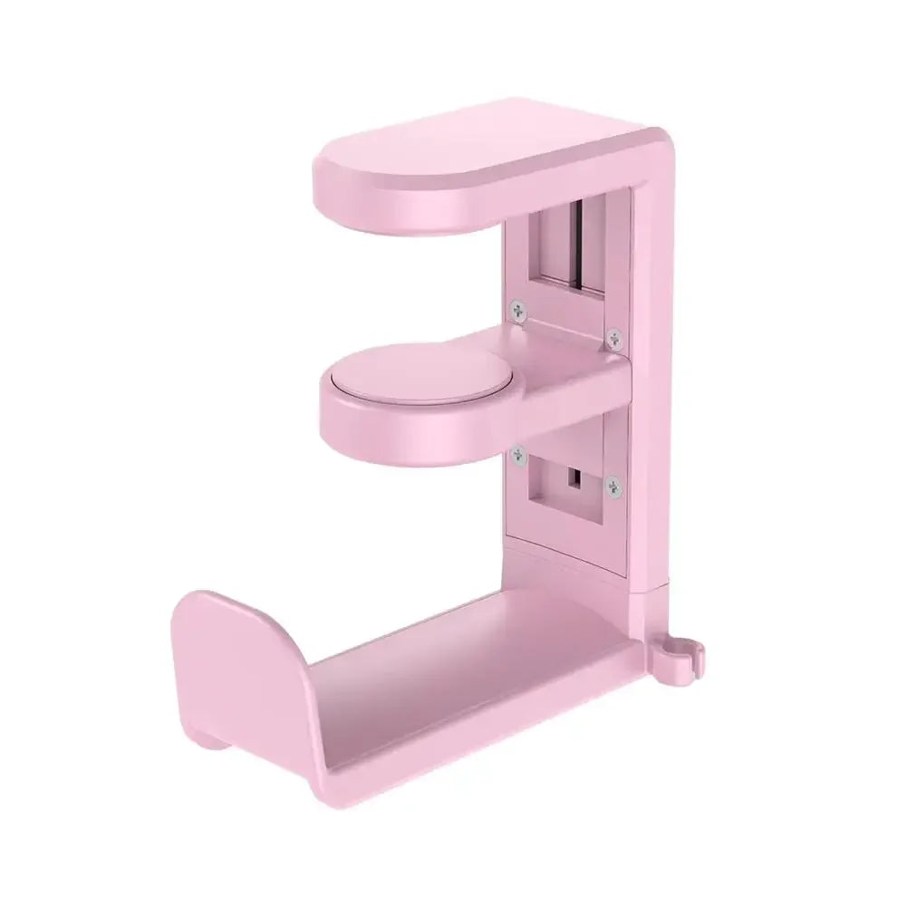Pink PC gaming headphone stand with adjustable clamp and rotating arm for desk mount, ideal for headset storage.