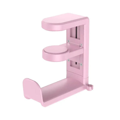 Pink PC gaming headphone stand with adjustable clamp and rotating arm for desk mount, ideal for headset storage.