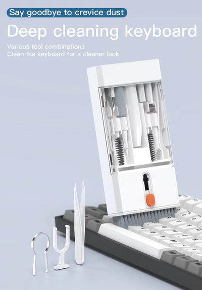 Deep cleaning keyboard tool kit for removing dust and debris, featuring various cleaning tools for a spotless keyboard.