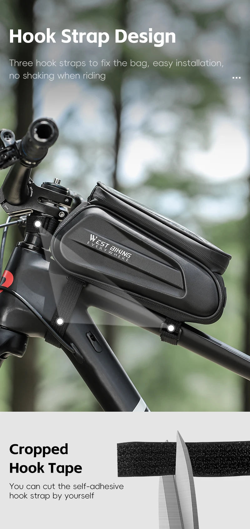 West Biking 7" bike phone bag with hook strap design for easy installation and stability while riding.