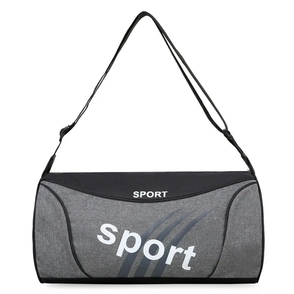 Grey men's sports gym bag with adjustable shoulder strap and sport logo, perfect for workouts and travel.
