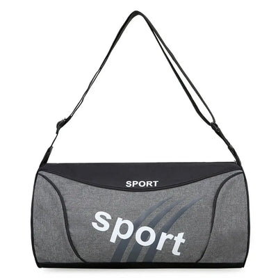 Grey men's sports gym bag with adjustable shoulder strap and sport logo, perfect for workouts and travel.