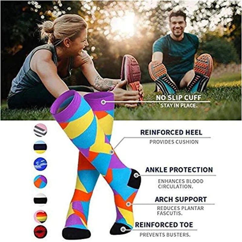 Colorful compression socks for men and women featuring reinforced heel, arch support, and ankle protection for sports activities.