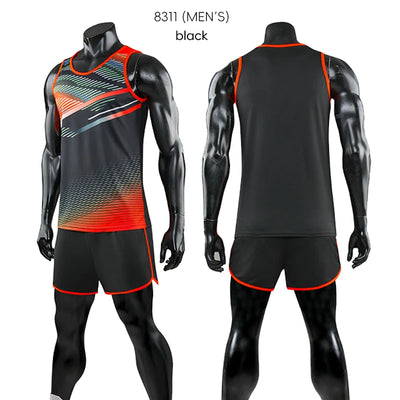 Custom unisex marathon running suit, black sportswear set, model 8311, ideal for track and field activities.