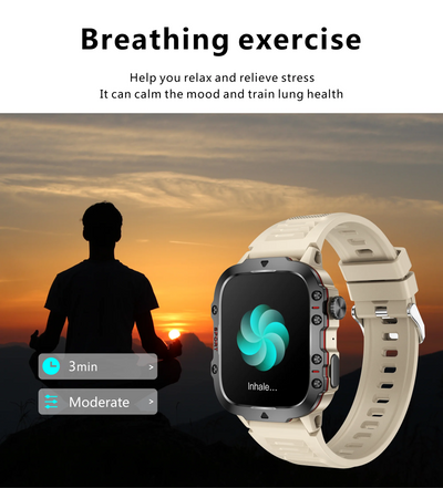 Rugged military smartwatch displaying breathing exercise feature for stress relief with a serene background.