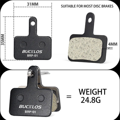 BUCKLOS BRP-01 resin disc brake pads dimensions 31mm x 35mm, weight 24.8g, compatible with most disc brakes.