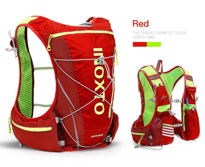 Hydration vest backpack in red, designed for running, cycling, and hiking, featuring adjustable straps and multiple pockets.