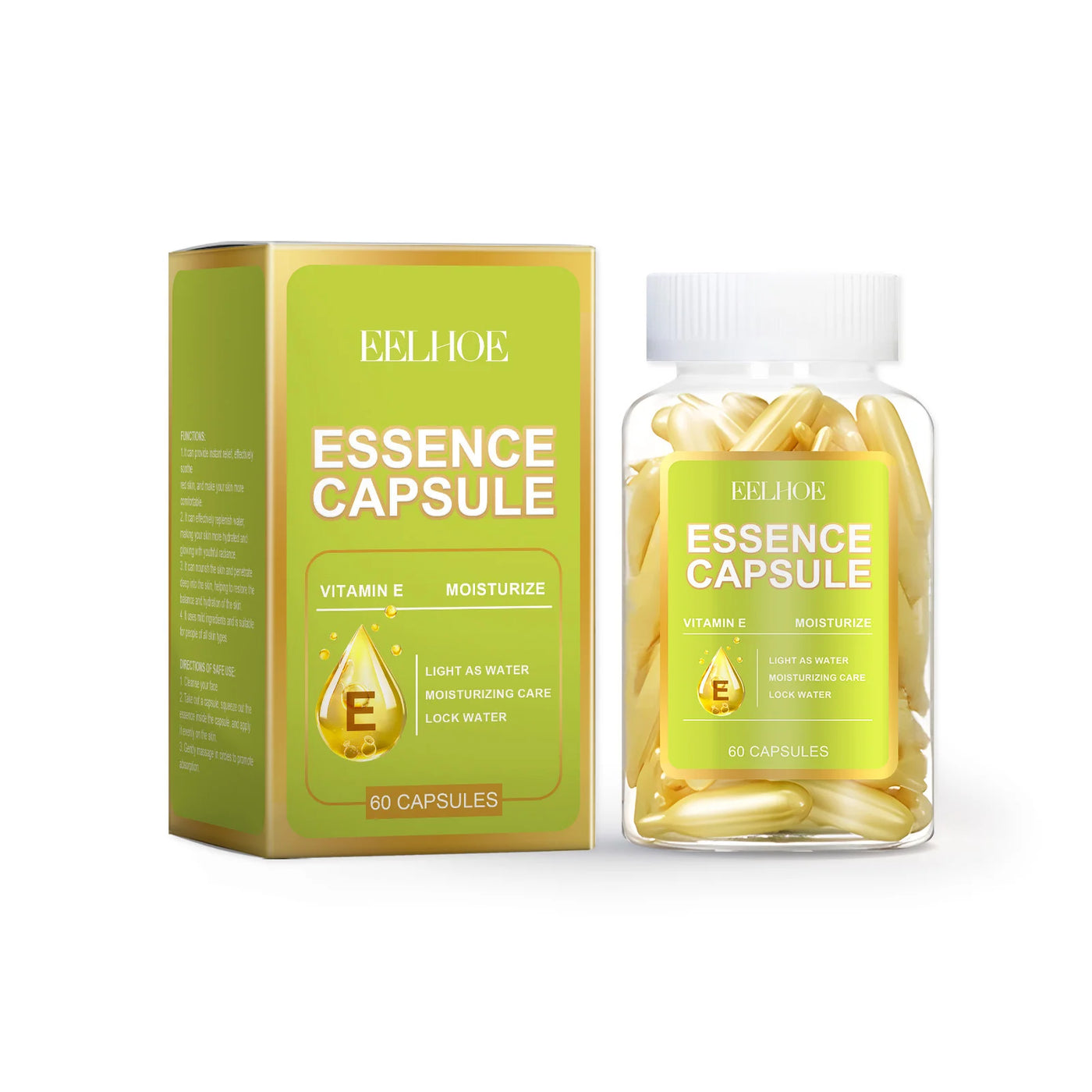 Vitamin E face essence capsule for moisturizing care, 60 capsules in a bottle with a green packaging.