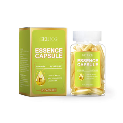 Vitamin E face essence capsule for moisturizing care, 60 capsules in a bottle with a green packaging.