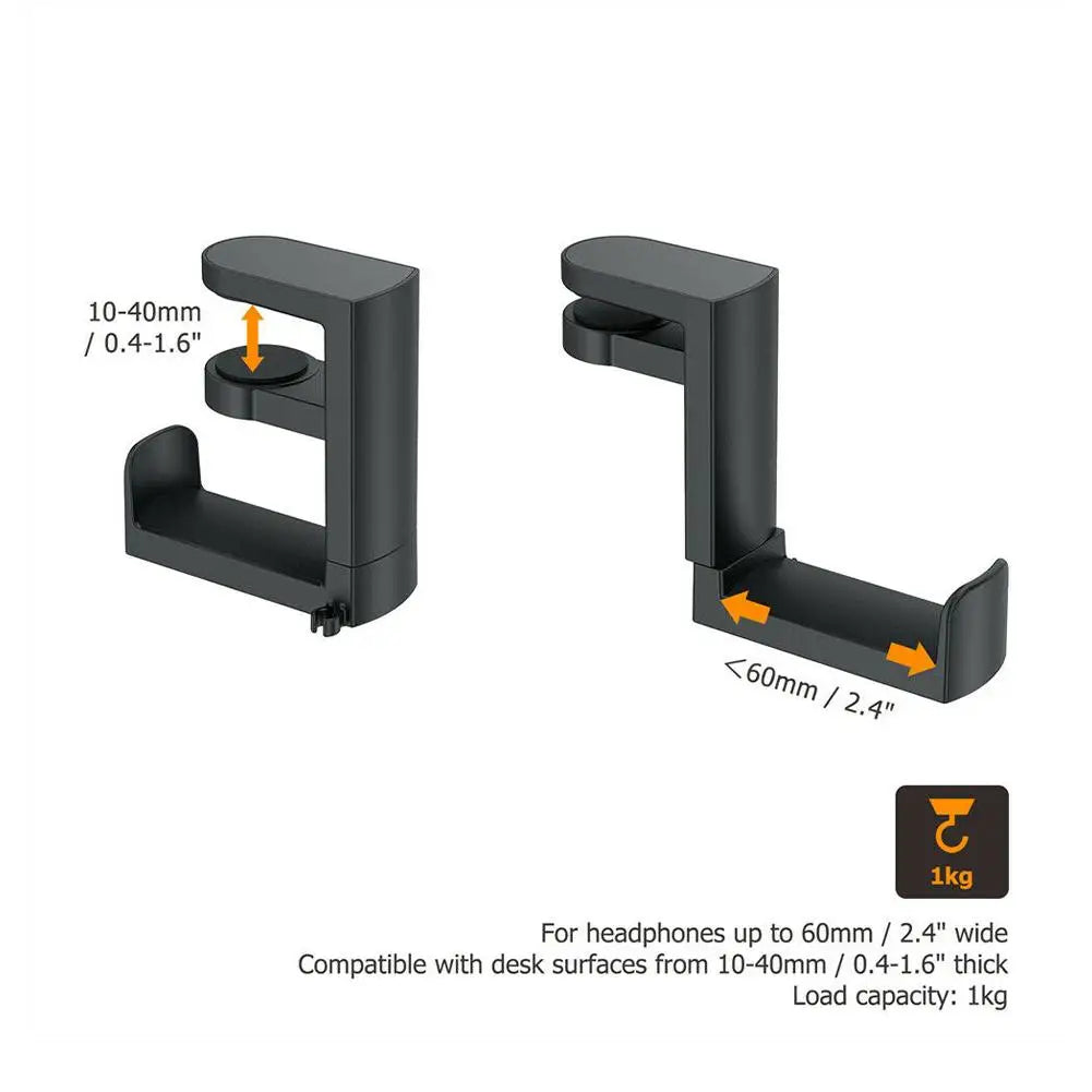 PC gaming headphone stand with adjustable clamp, supports headphones up to 60mm wide, 360° rotation, and 1kg load capacity.