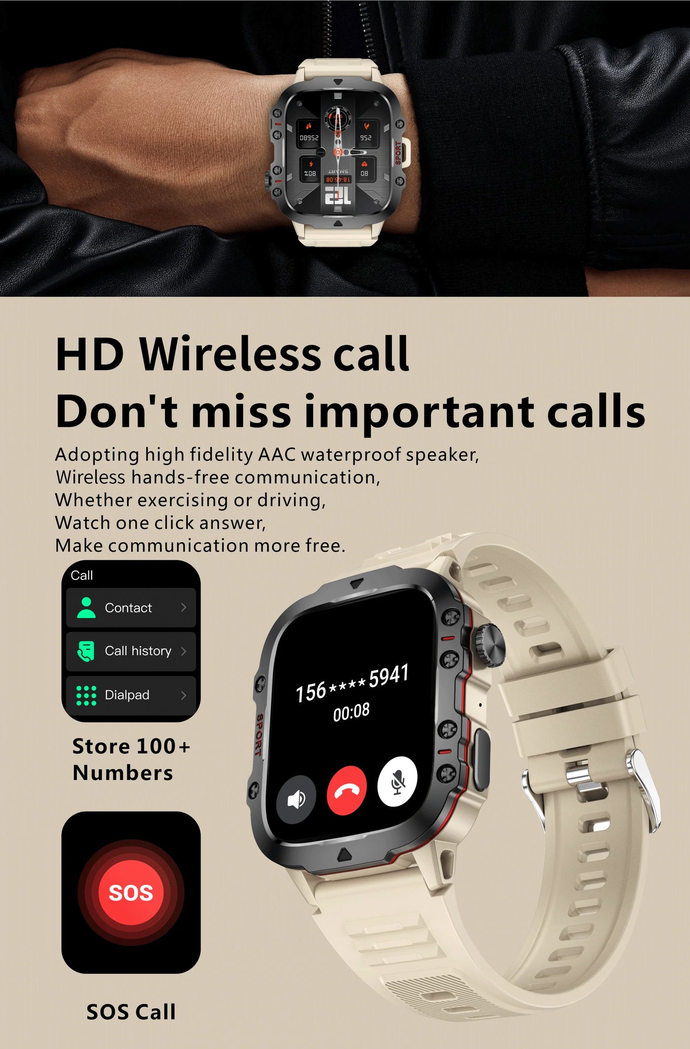 HD wireless call smart watch showcasing features like SOS call, voice communication, and easy access to contacts.