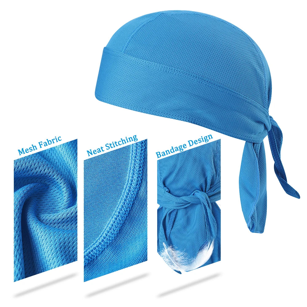 Quick-dry blue cycling headband showcasing mesh fabric, neat stitching, and bandage design for outdoor sports.